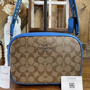 Coach Signature Jamie Khaki Jacquard & Blue Racer Shoulder Bag Crossbody New NWT